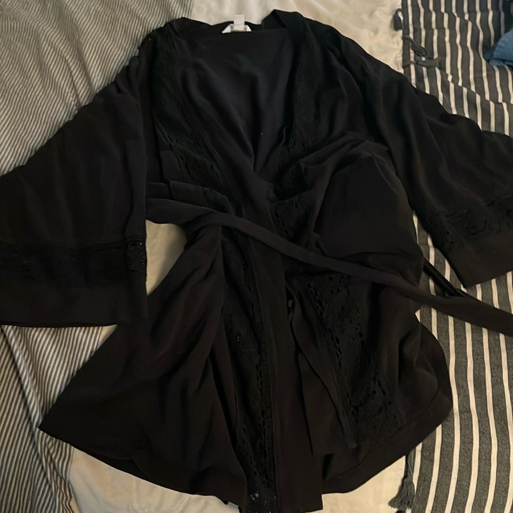 Flirty half robe, black, sheer crochet trim, internal ties plus belt